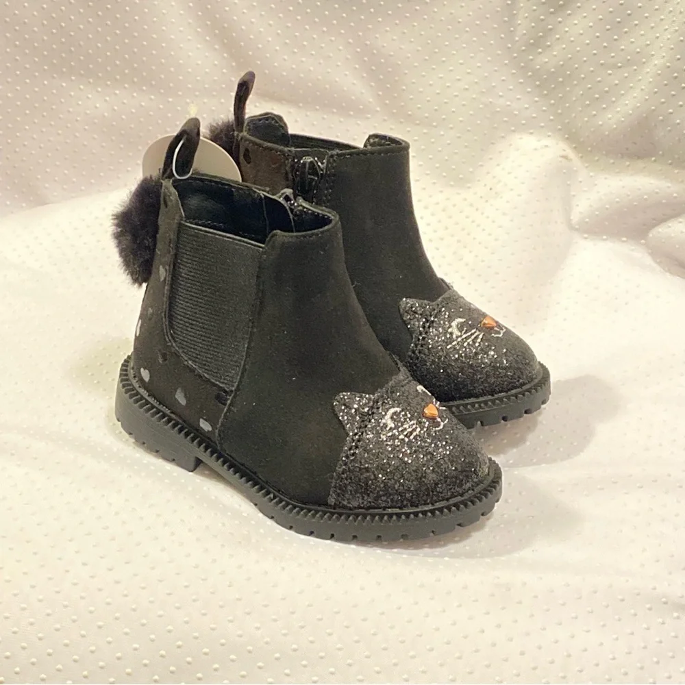 Wonder Nation Shoes Girls Size 5 Black‎ Side Zip New With Tags Cat Print